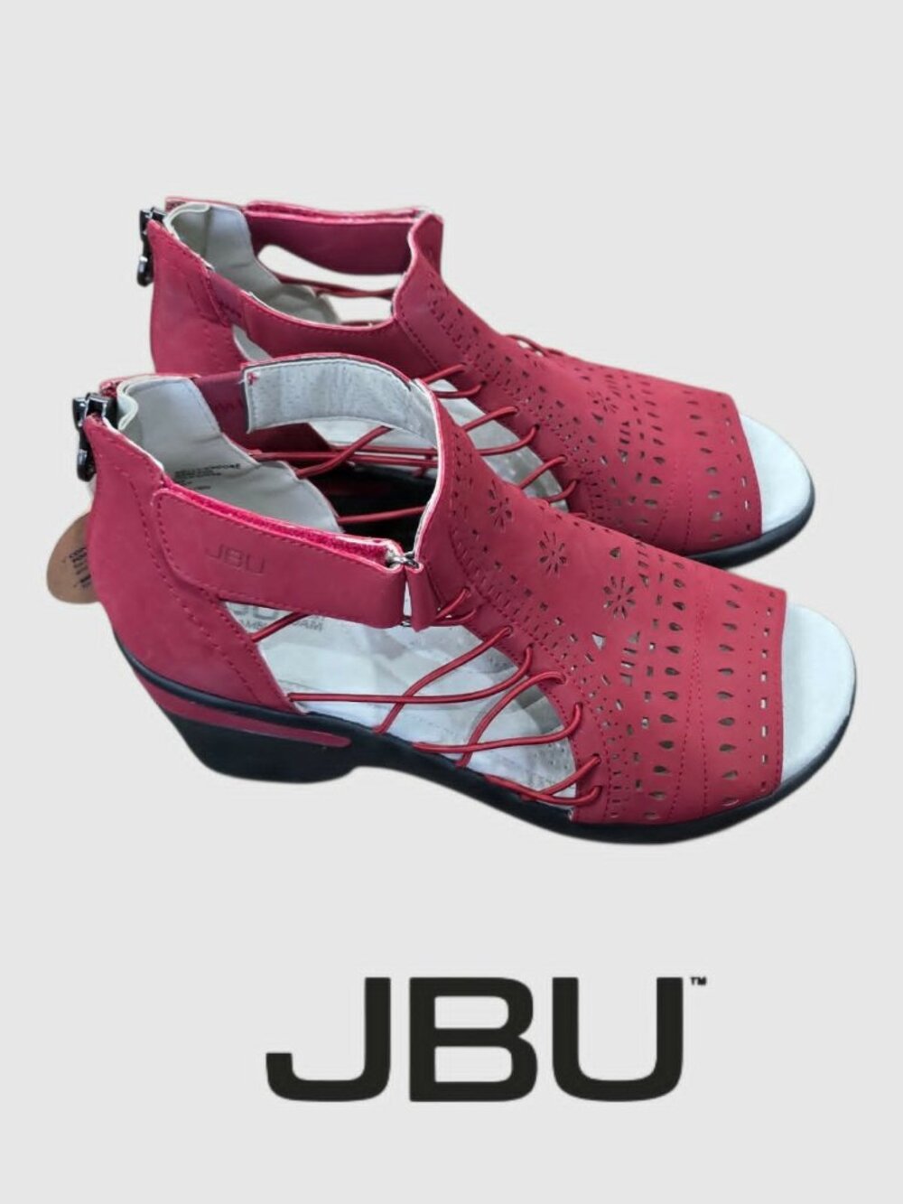 JBU Nelly Encore Wedge Red Laser Cut Bungee Side Straps Sandals Women 6.5M NEW
